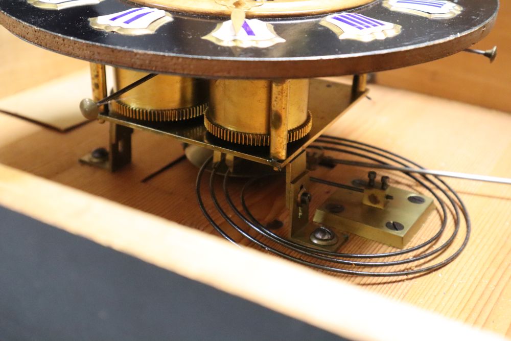 A French inlaid wall clock, spring-driven gong-striking movement, with pendulum, 50cm sq.